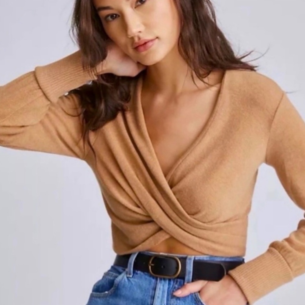 Anthropologie Cozy Twist Front Top Size S Ribbed Sweater Long Sleeve Boho Lounge
